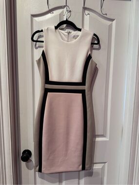 Calvin Klein White, Blush & Black Colorblock Midi Sheath Dress